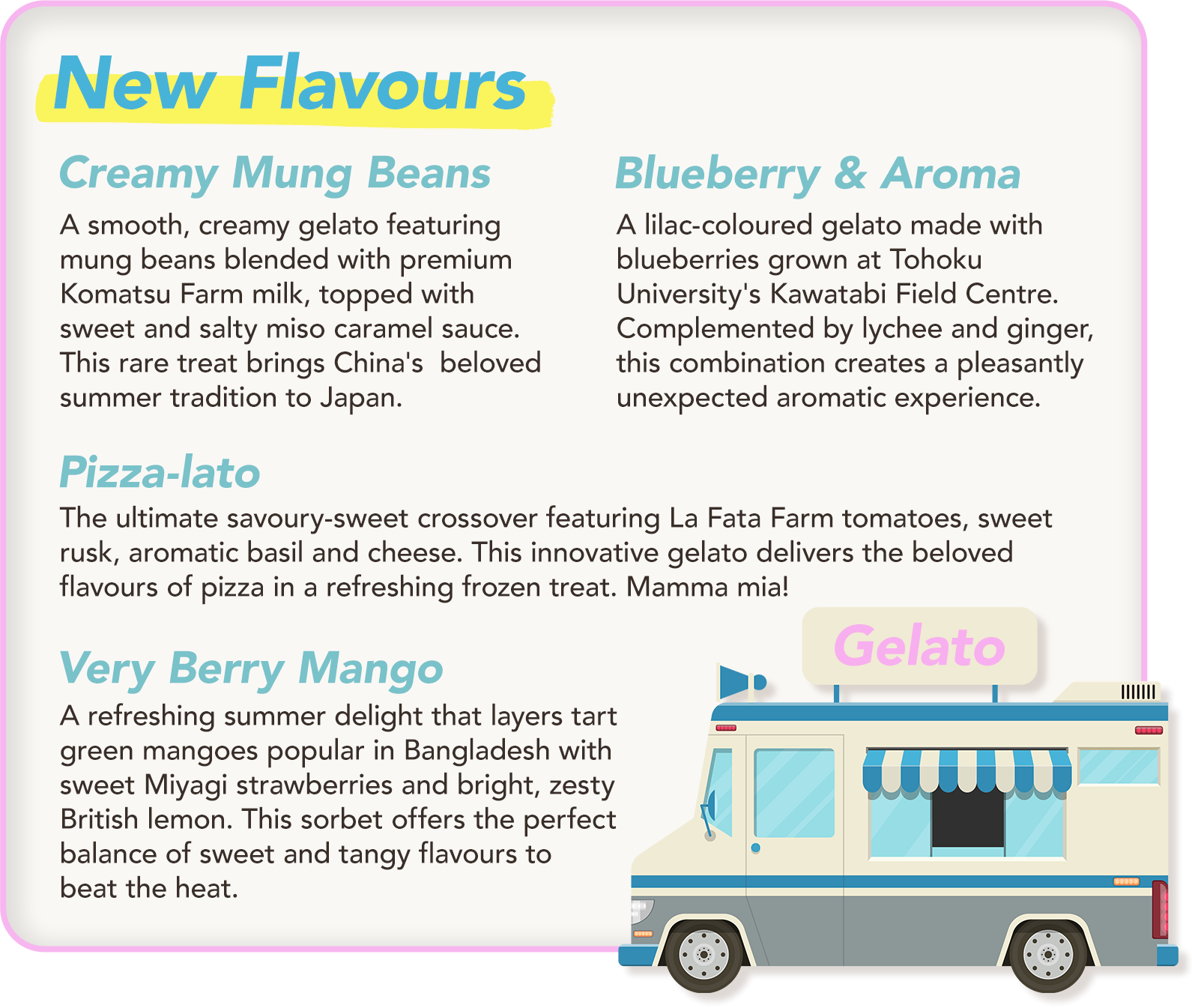 New Flavours: Creamy Mung Beans, Blueberry & Aroma, Pizza-lato, Very Berry Mango