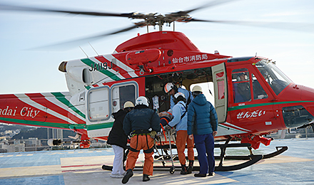 A helicopter transporting a mock patient